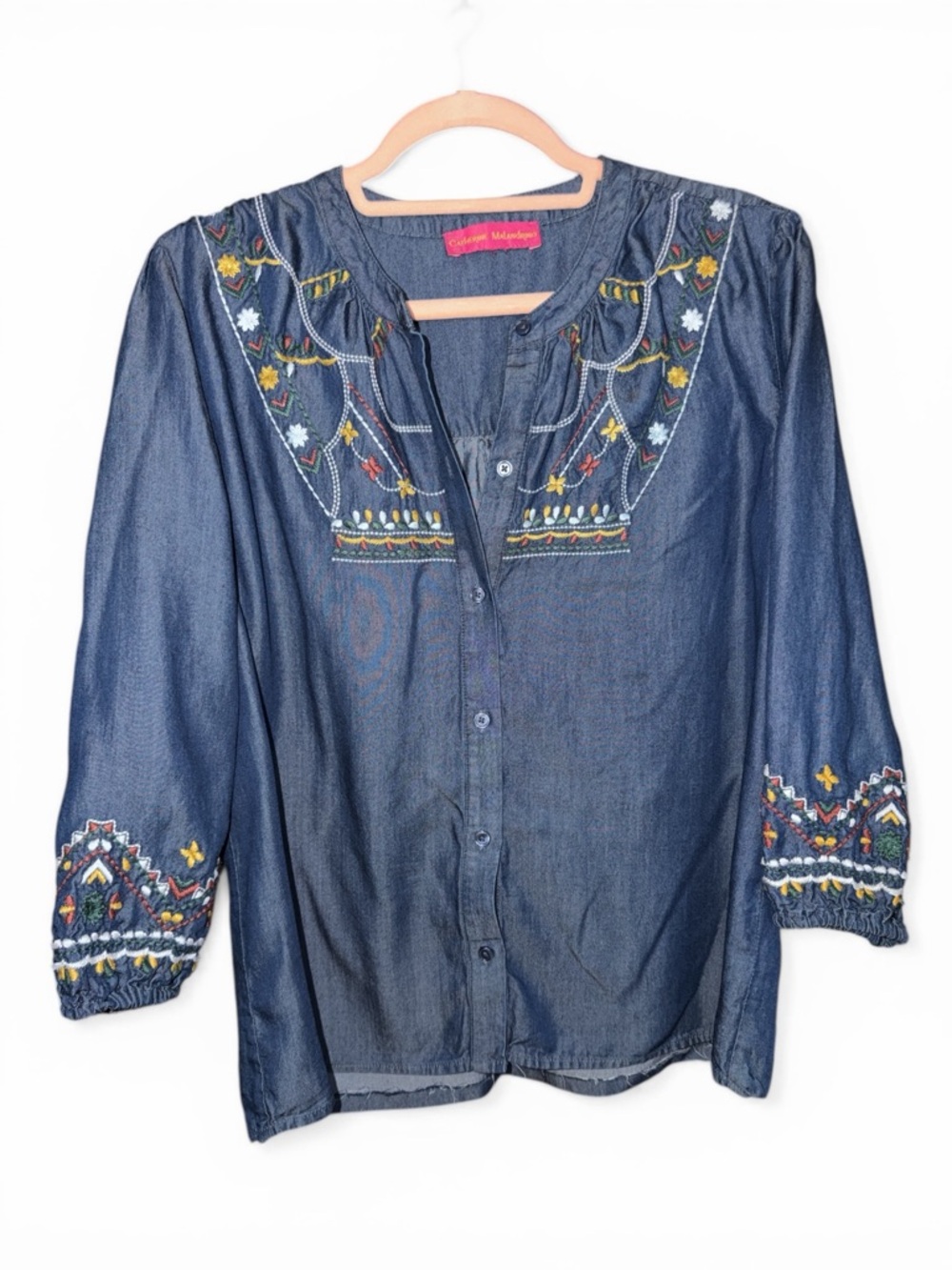 CATHERINE MALANDRINO Embroidered Chambray *Hemmed*Peasant top - read description - Picture 2 of 8